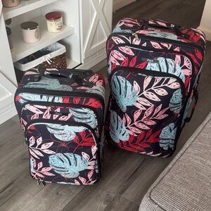 Floral Print Expandable Suitcase Set in Navy, Pink & Teal